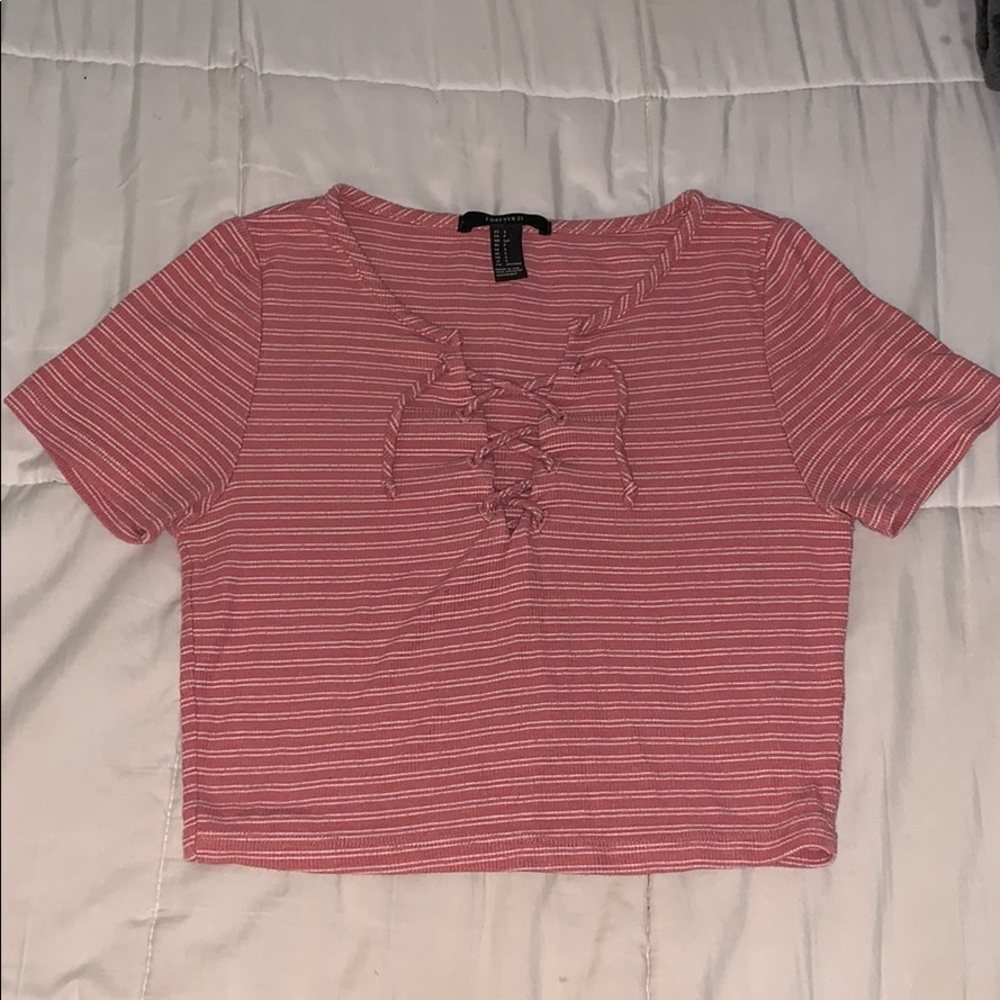 Cropped Lace Up Shirt with Strips